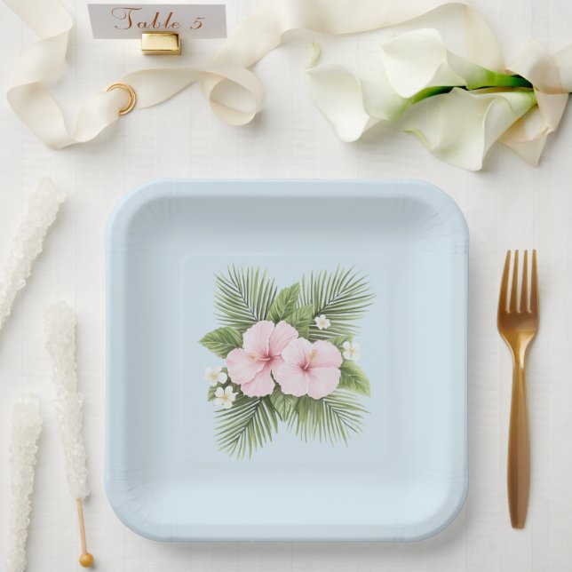 Tropical Blue Pink Hibiskus Floral Wedding Pappteller (Hochzeit)