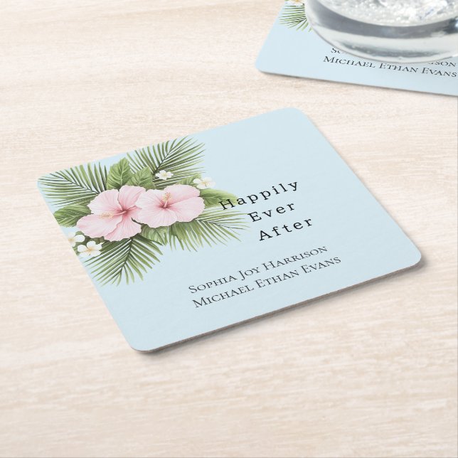 Tropical Blue Pink Hibiskus Floral Wedding Rechteckiger Pappuntersetzer (angewinkelt)