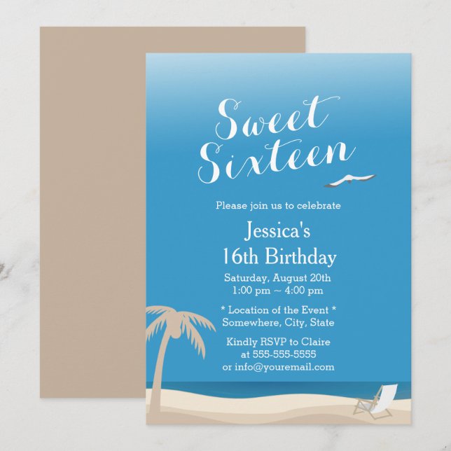 Tropical Blue Sky Beach Thema Sweet 16 Einladung (Vorne/Hinten)