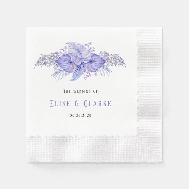 Tropical Blue und Lila Palm Blätter Hochzeit Serviette (Vorderseite)