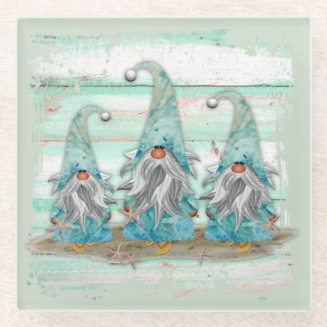 Tropical Blue Watercolor Beach Gnomes Glasuntersetzer (Vorderseite)