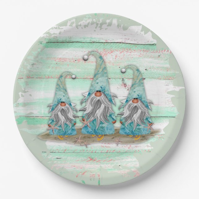 Tropical Blue Watercolor Beach Gnomes Pappteller (Vorderseite)