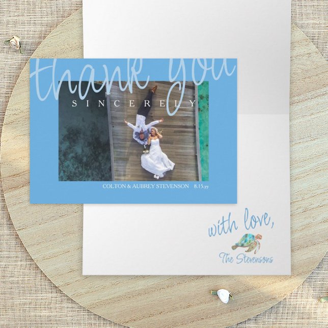 Tropical Blue Wedding Foto Danke Karte (Tropical blue wedding photo thank you card with sea turtle - turquoise, teal blue, malibu blue)