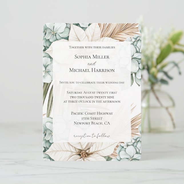 Tropical Blue White Blume Hochzeit Einladung (Stehend Vorderseite)