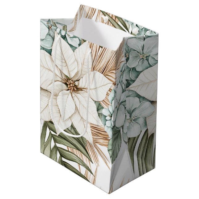 Tropical Blue White Flowers Wedding Mittlere Geschenktüte (Vorderseite Schrägansicht)