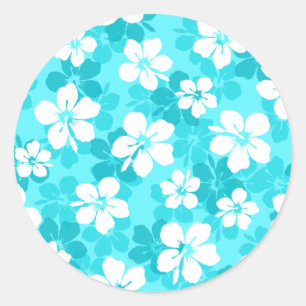 Tropical Blue White Hibiskus Blume Muster Runder Aufkleber