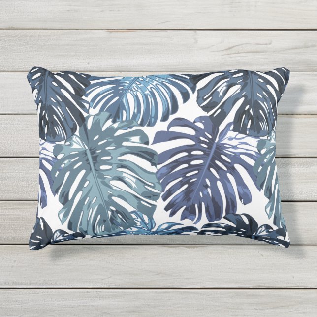 Tropical Blue White Monstera Leaves Muster Kissen Für Draußen (Vorderseite)