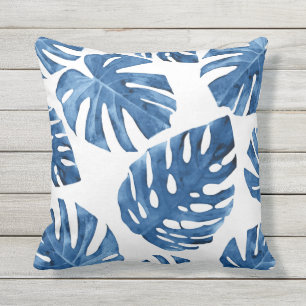 Tropical Blue White Palm Blätter Außenkissen Kissen