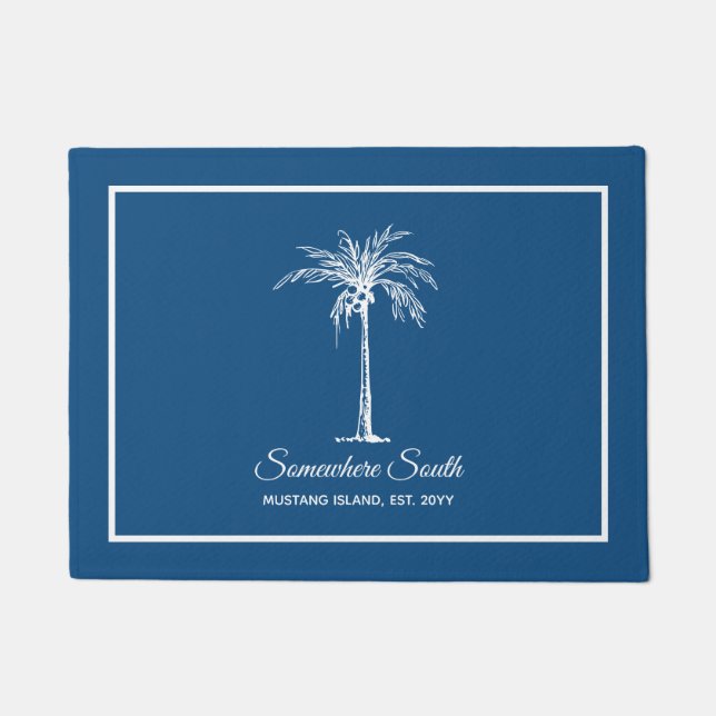 Tropical Blue White Palm Tree Personalisiert Fußmatte (Vorderseite)