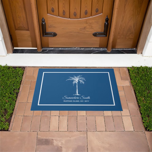 Tropical Blue White Palm Tree Personalisiert Fußmatte (Außenbereich)