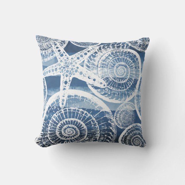 Tropical Blue White Starfish Muscheln Kissen (Vorderseite)