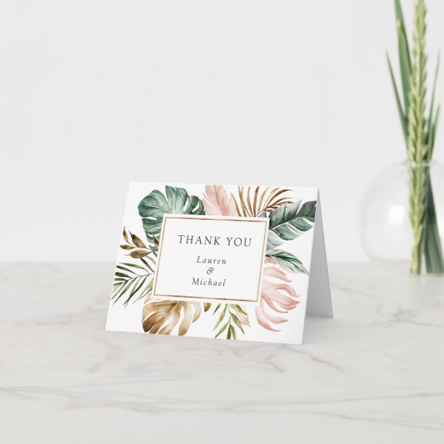 Tropical Blush Gold Palm Feuille Carte de remercie (Devant)