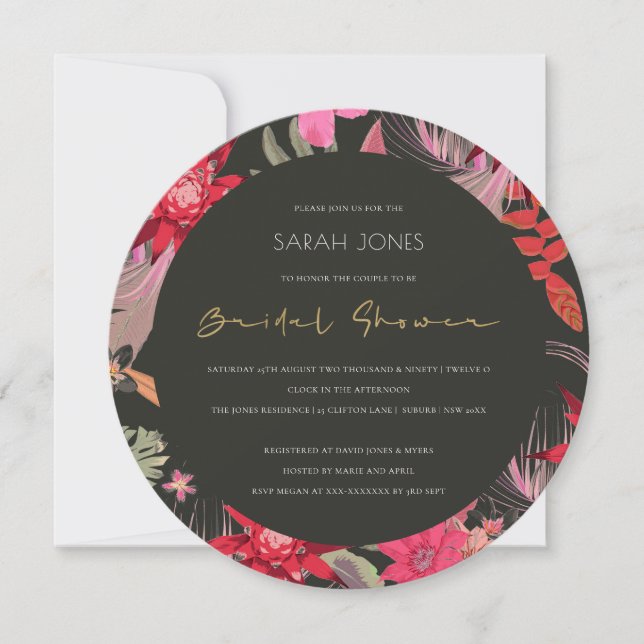 Tropical Boho Dark Floral Brautparty Einladung (Vorderseite)
