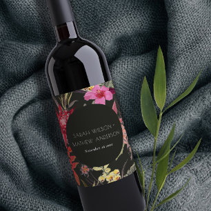 Tropical Boho Dark Lively Red Pink Floral Wedding Weinetikett