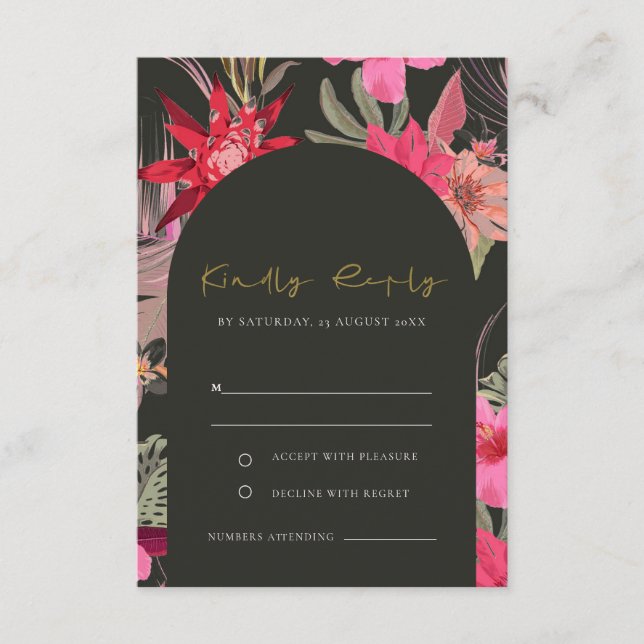 Tropical Boho Dark Red Pink Floral Wedding RSVP Begleitkarte (Vorderseite)