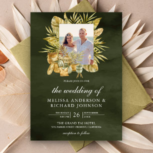 Tropical Boho Dried Palm Sage Green Foto Hochzeit Einladung