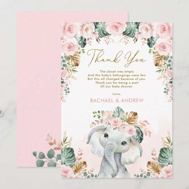 Tropical Boho Elephant Blush Floral Baby Dusche Dankeskarte (Vorne/Hinten)