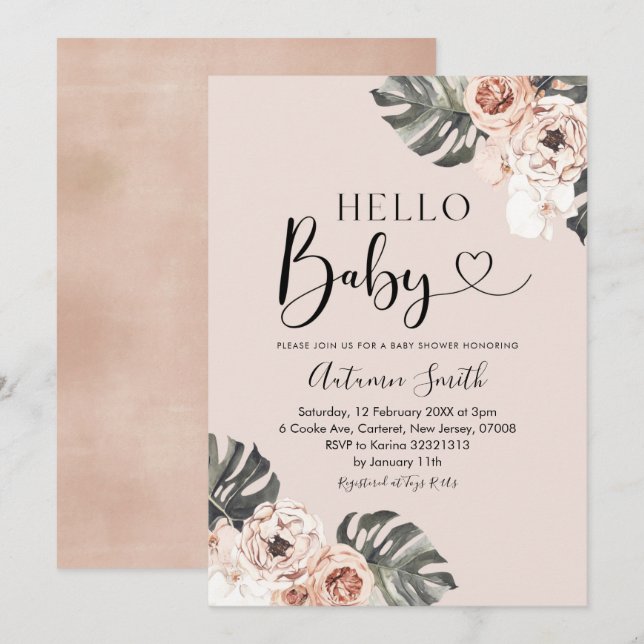 Tropical Boho Floral Hello Baby Dusche Einladung (Vorne/Hinten)