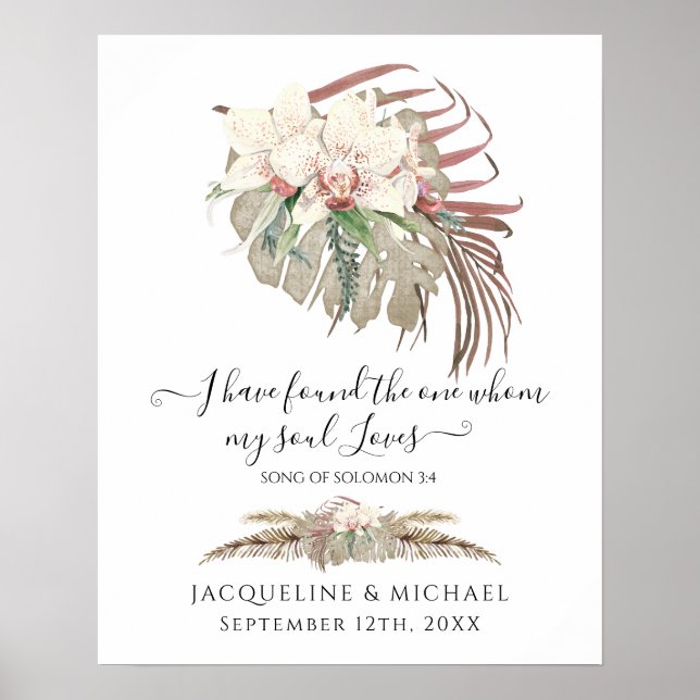 Tropical Boho Floral White Orchid Foliage Hochzeit Poster (Vorne)