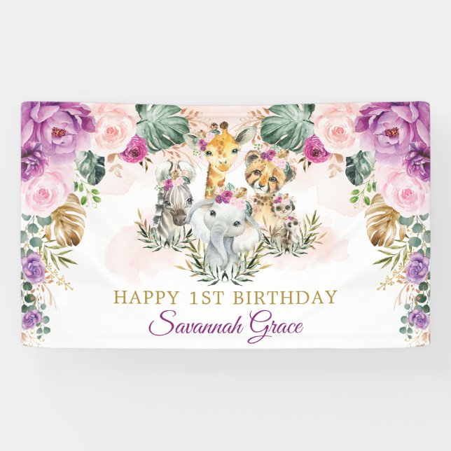 Tropical Boho Jungle Safari Tiere glücklich Geburt Banner (Horizontal)