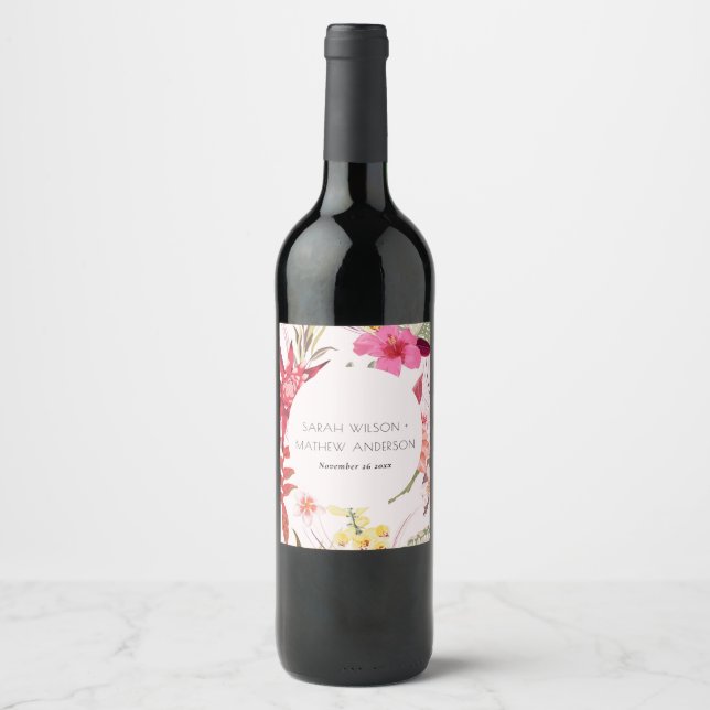 Tropical Boho Live Red Blush Bloral Wedding Weinetikett (Vorderseite)