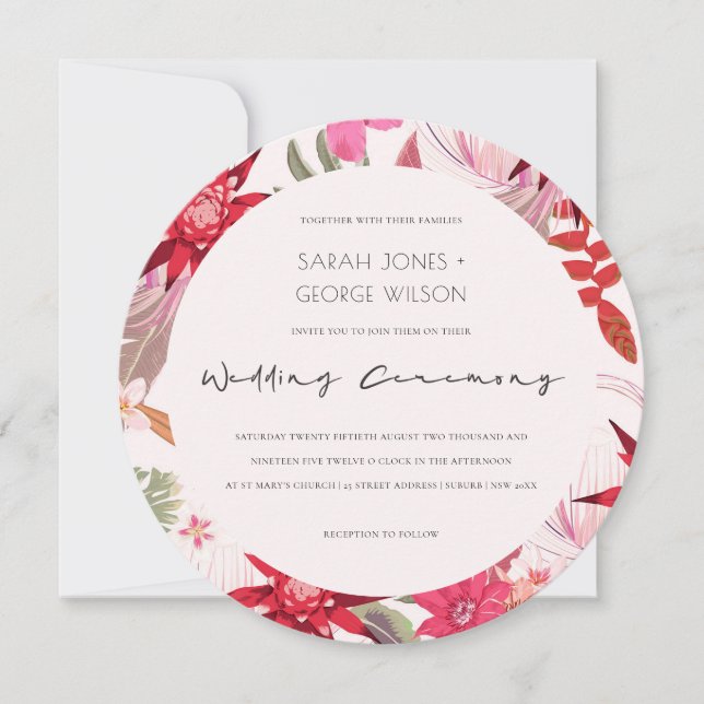 Tropical Boho Red Blush Floral Wedite Einladung (Vorderseite)