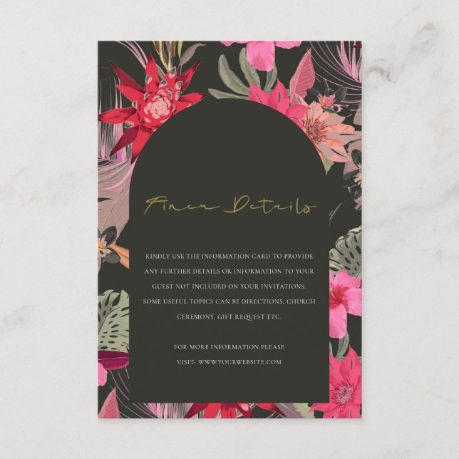 Tropical Boho Red Dark Floral Wedding Details Begleitkarte (Vorderseite)