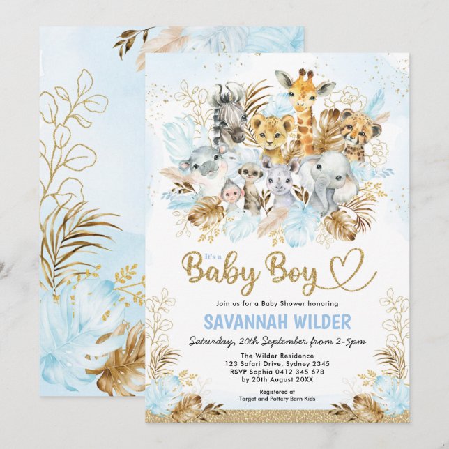 Tropical Boho Safari Baby Boy Blue Gold Dusche Einladung (Vorne/Hinten)