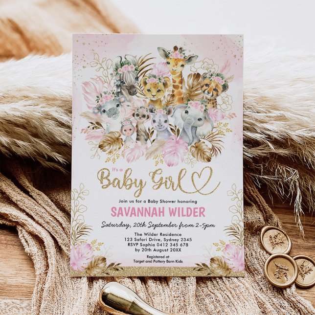 Tropical Boho Safari Baby Girl Blush Gold Dusche Einladung (Von Creator hochgeladen)