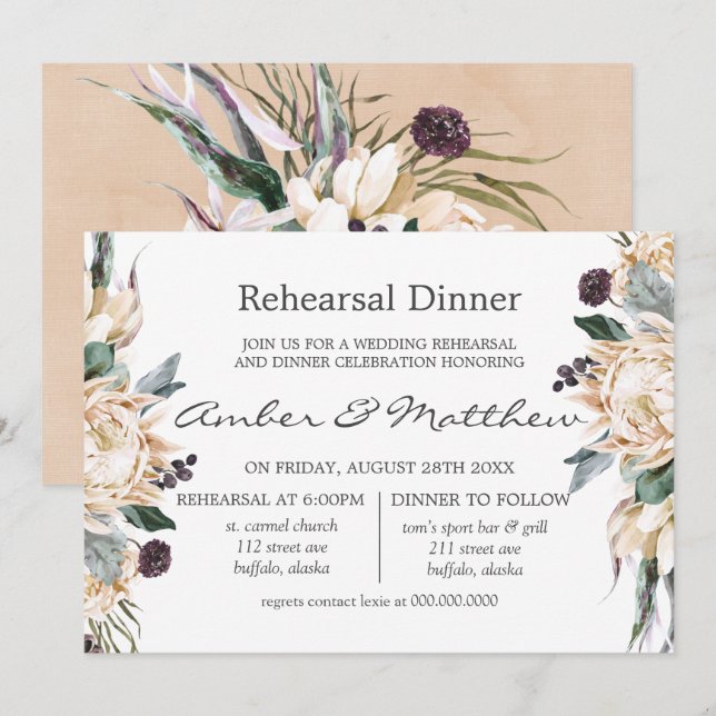 Tropical Boho White Protea Probe Dinner Invita Einladung (Vorne/Hinten)