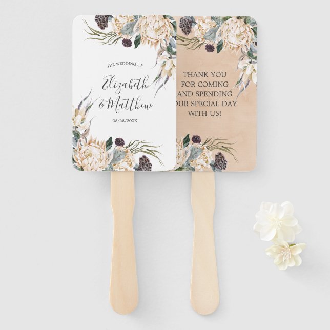 Tropical Boho White Protea Wedding Vielen Dank Fächer (Vorne und Hinten)