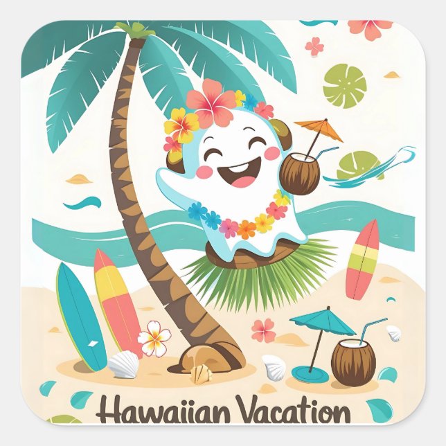 Tropical Boo - Kawaii Hawaiian Ghost Vacation Quadratischer Aufkleber (Vorderseite)