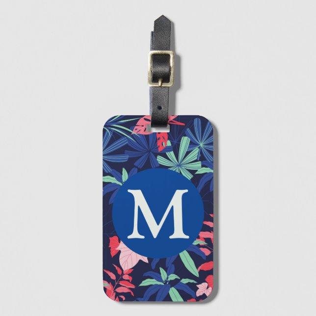 Tropical Botanical Dark Blue Monogram Gepäckanhänger (Vorderseite Vertikal)