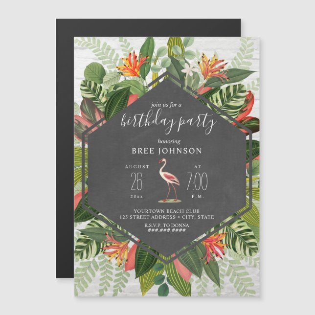 Tropical Botanical Flamingo Birthday Magneteinladung (Vorne/Hinten)