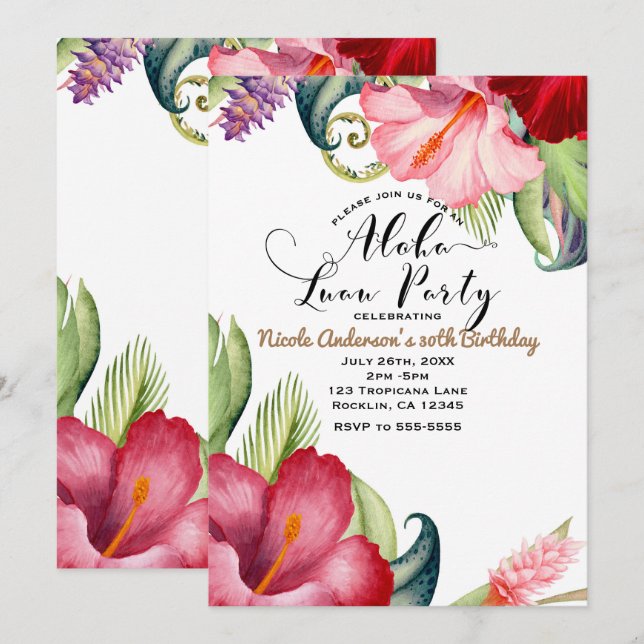 Tropical Botanical Floral Aloha Luau Party Einladung (Vorne/Hinten)
