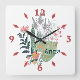 tropical Botanical floral personalized Large Clock Quadratische Wanduhr