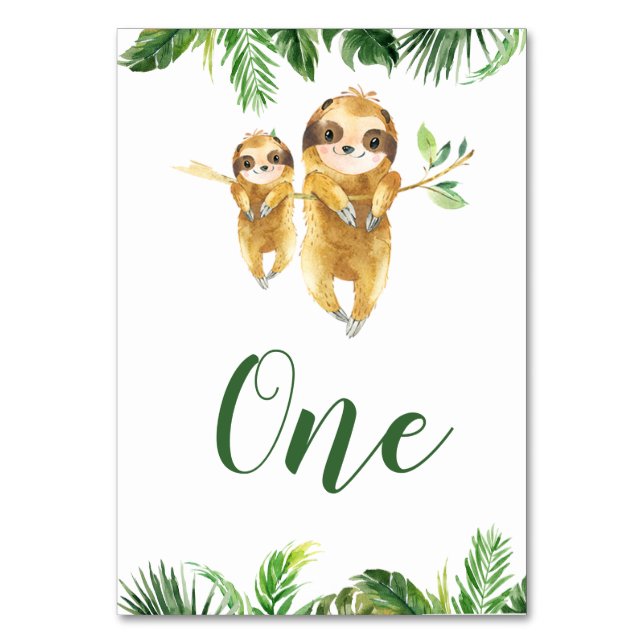 Tropical Boy Sloth Baby Dusche Tischnummer (Vorderseite)