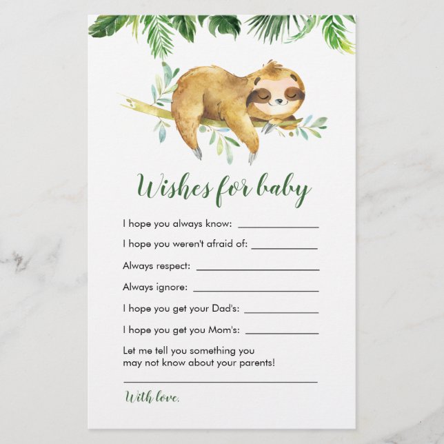 Tropical Boy Sloth Baby Dusche Wünsche für Kinder (Vorderseite)