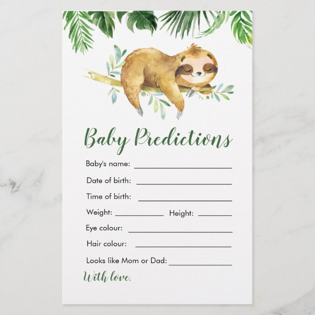 Tropical Boy Sloth Baby Shower Baby Vorhersagen (Vorderseite)
