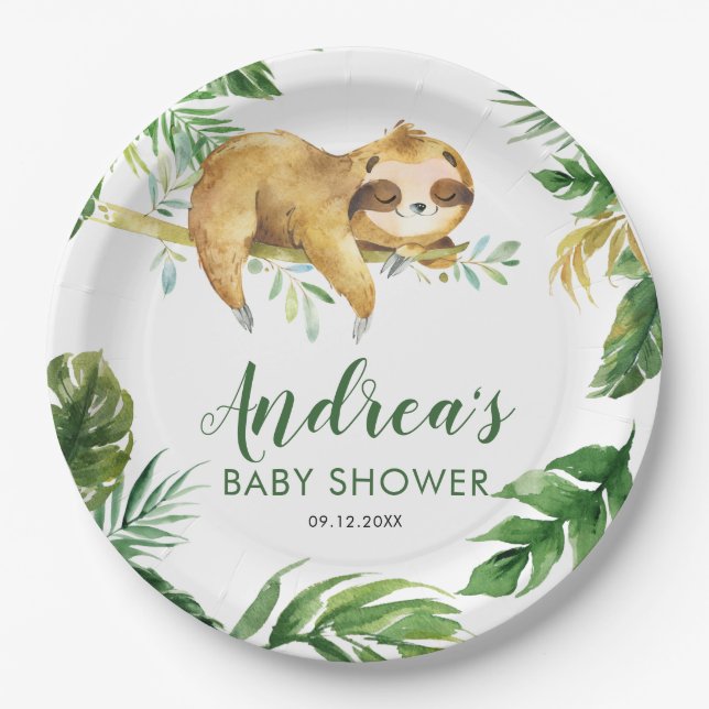 Tropical Boy Sloth Baby Shower Paper Plate Pappteller (Vorderseite)