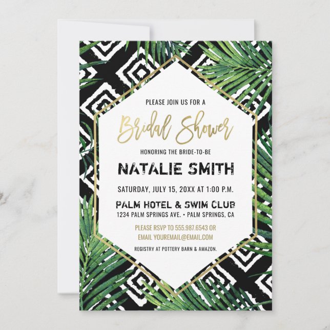 Tropical Bridal Dusche Einladung Palm Fronds Gold (Vorderseite)