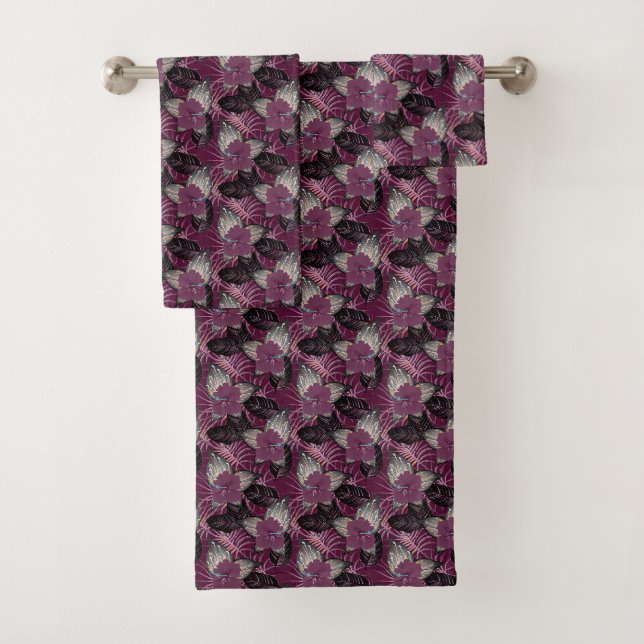 Tropical Burgundy Hibiskus Floral Badhandtuch Set (Insitu)