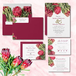 Tropical Burgundy Pink King Protea Floral Wedding Einladung