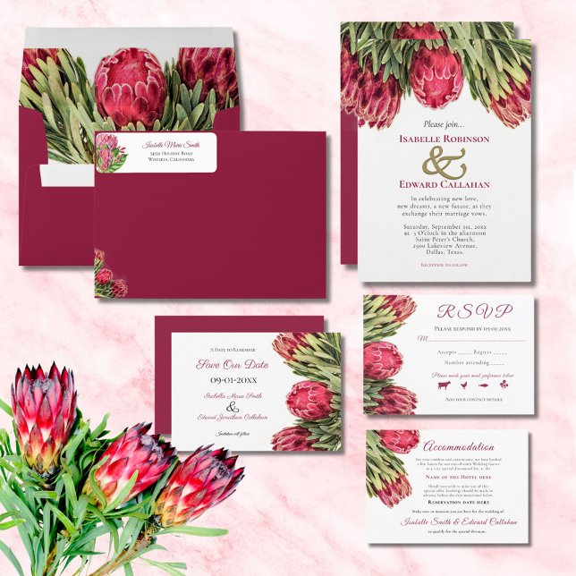 Tropical Burgundy Pink King Protea Floral Wedding Einladung (Von Creator hochgeladen)