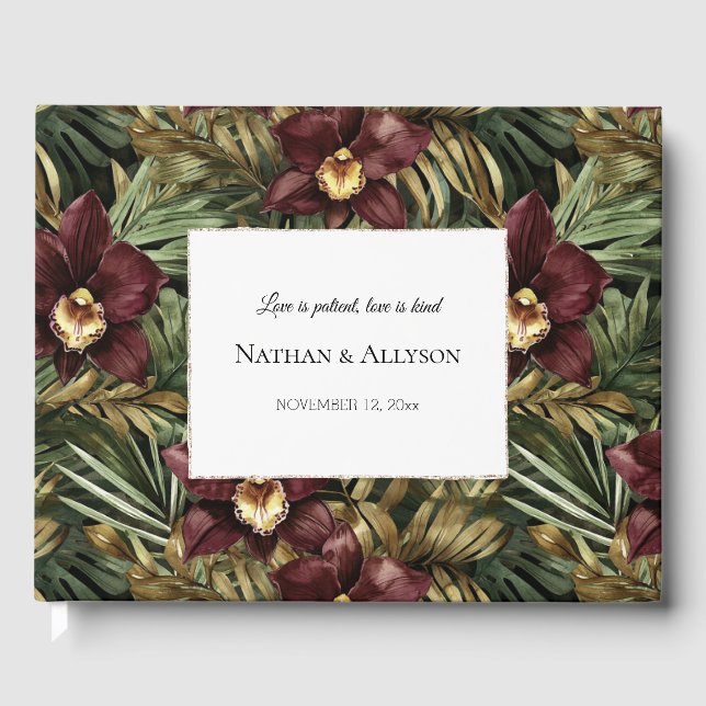 Tropical Burgundy Red Orchids Floral Wedding Gästebuch (Vorderseite)