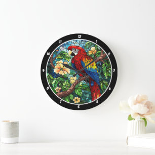 Tropical Canopy Time" - Hartglas Parrot Große Wanduhr
