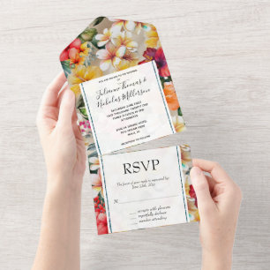 Tropical Champagne Hibiskus Floral Wedding All In One Einladung