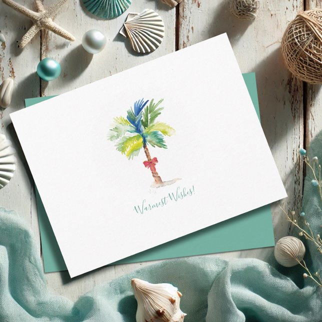 Tropical Christmas Card Palm Trees Postkarte (Tropical Christmas postcard features watercolor palm tree art by Victoria Grigaliunas VG Invites)