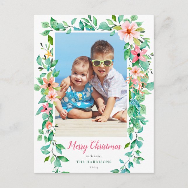 Tropical Christmas Floral Frame Holiday Photo Postkarte (Vorderseite)