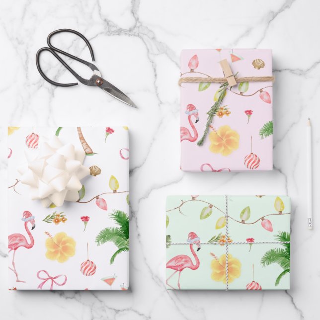 Tropical Christmas Hawaii Beach Santa Flamingo Geschenkpapier Set (Vorderseite)